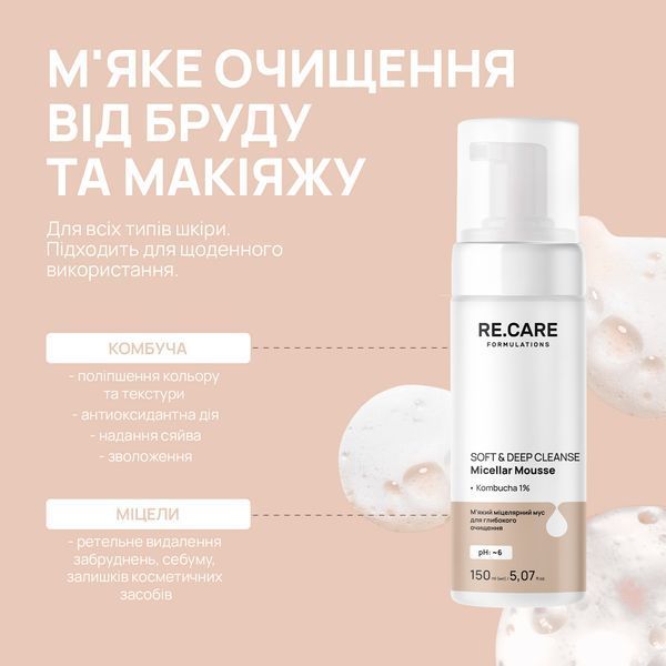 М'який міцелярний мус для глибокого очищення Soft & Deep Cleanse Micellar Mousse RE.CARE 150 мл 289645 фото від MYRIAM